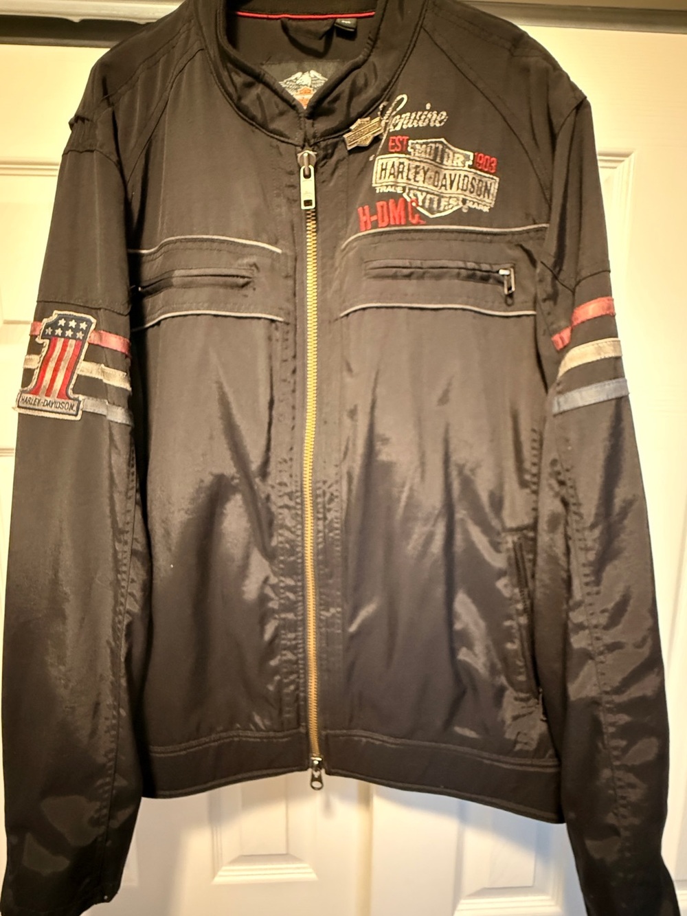 Harley-Davidson Black Bomber Jacket with Red & Gray Sleeve Accents